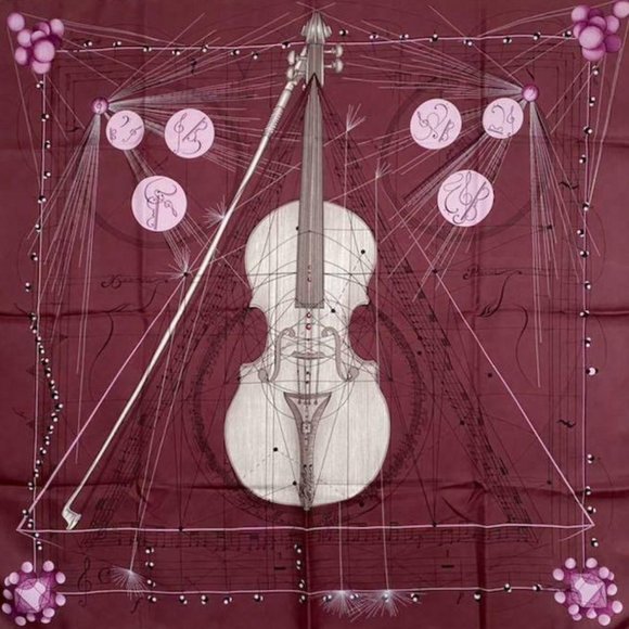 Hermes Scarf La Musique des Spheres by Zoe Pauwels 90 cm Silk wine red Violin